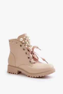 Damskie Boto Botki Z Perełkami Dżetami I Wstążką Beżowe Nudago