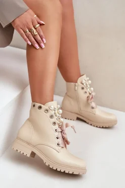 Damskie Boto Botki Z Perełkami Dżetami I Wstążką Beżowe Nudago