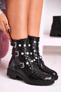 Boto Botki Sznurowane|Czarne Botki*Botki Z Perełkami Lakierowane Czarne Motyw Zwierzęcy Whitney