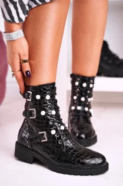 Boto Botki Sznurowane|Czarne Botki*Botki Z Perełkami Lakierowane Czarne Motyw Zwierzęcy Whitney