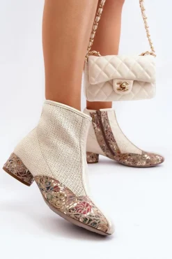 Damskie Maciejka Botki Z Plecionki Na Obcasie 04937-22 Jasnobeżowe