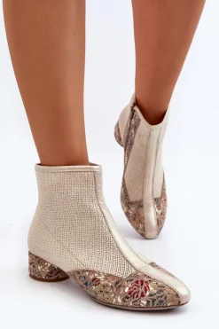 Damskie Maciejka Botki Z Plecionki Na Obcasie 04937-22 Jasnobeżowe