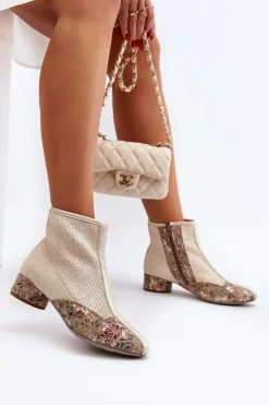 Damskie Maciejka Botki Z Plecionki Na Obcasie 04937-22 Jasnobeżowe