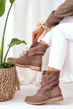 Damskie Boto Botki Z Podwójną Cholewką Jasny Brąz Violetta