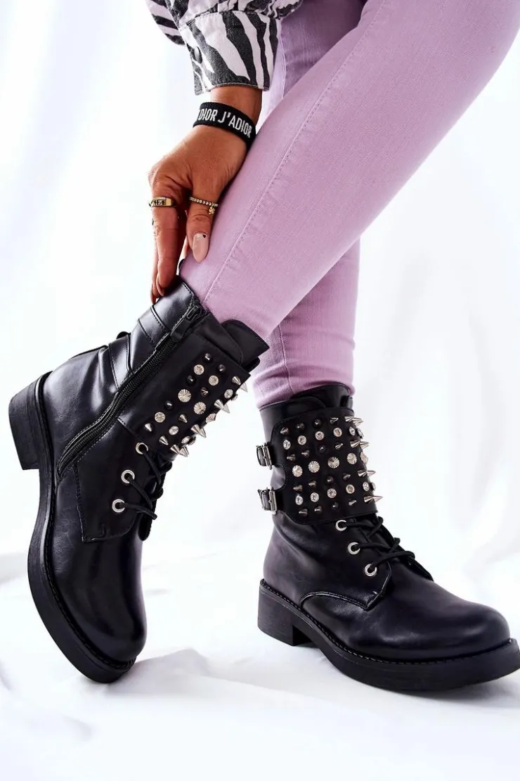 Best Boto Botki Z Ćwiekami Na Suwak Czarne Laurena