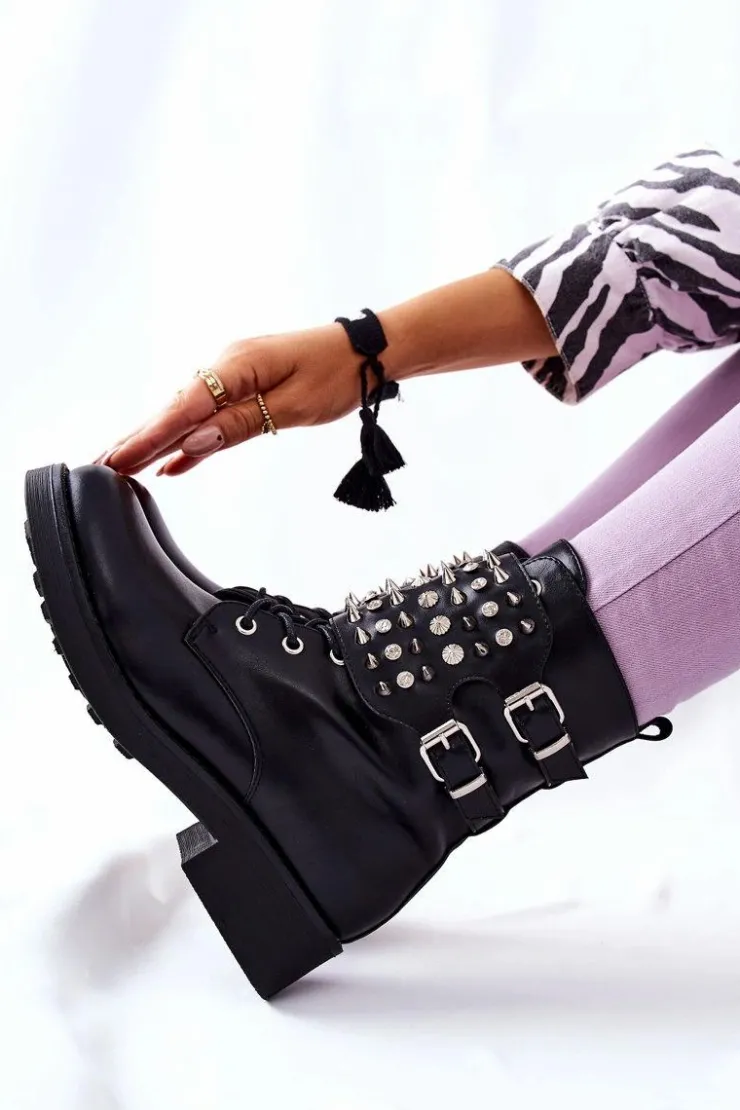 Best Boto Botki Z Ćwiekami Na Suwak Czarne Laurena