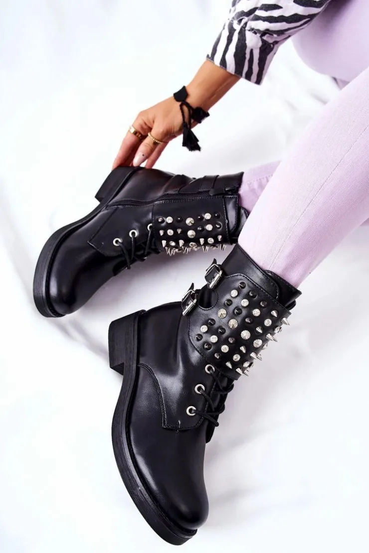 Best Boto Botki Z Ćwiekami Na Suwak Czarne Laurena