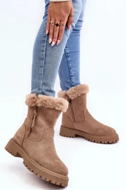 Best Evento Botki Zamszowe Damskie Z Futerkiem Beżowe Hasiva