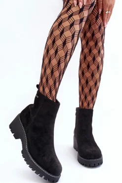 Damskie Boto Botki Zamszowe Na Płaskim Obcasie Ocieplane Czarne Neafgi