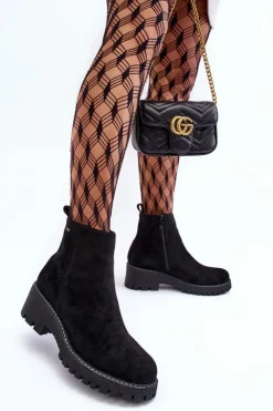 Damskie Boto Botki Zamszowe Na Płaskim Obcasie Ocieplane Czarne Neafgi