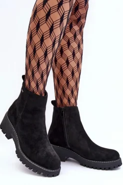 Damskie Boto Botki Zamszowe Na Płaskim Obcasie Ocieplane Czarne Neafgi