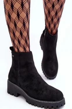 Damskie Boto Botki Zamszowe Na Płaskim Obcasie Ocieplane Czarne Neafgi