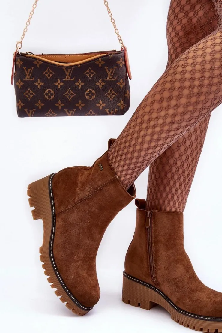 Boto Botki Zimowe Damskie|Brązowe I Beżowe Botki*Botki Zamszowe Na Płaskim Obcasie Ocieplane Brązowe Neafgi