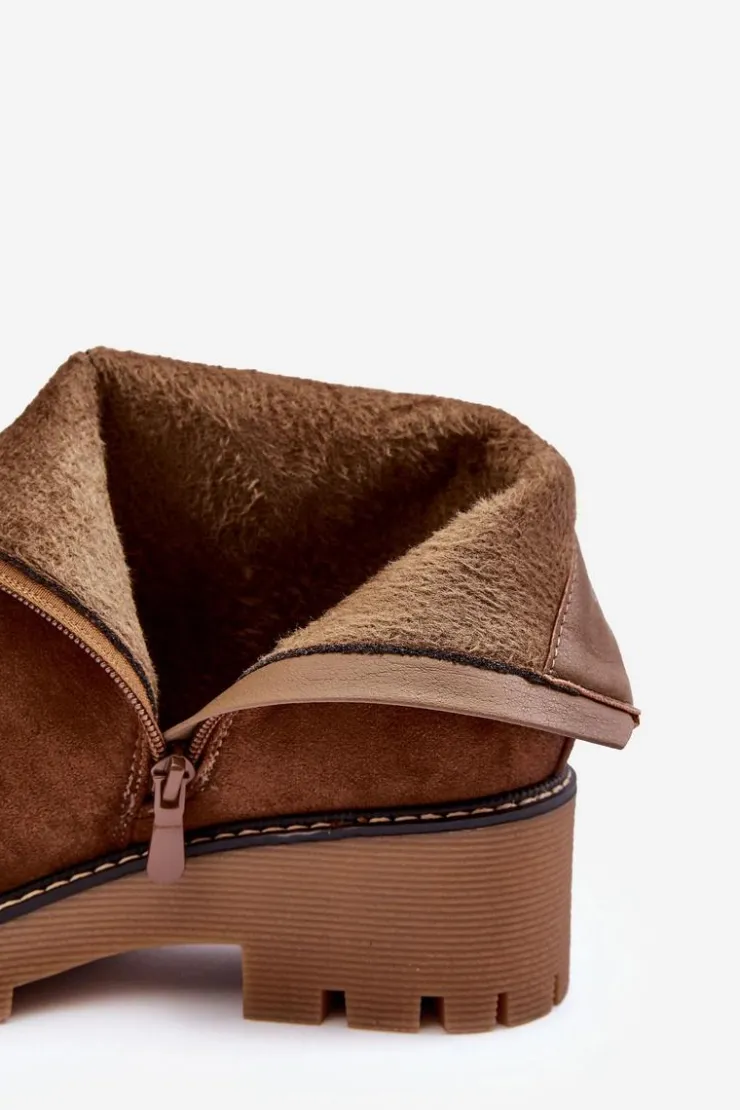 Boto Botki Zimowe Damskie|Brązowe I Beżowe Botki*Botki Zamszowe Na Płaskim Obcasie Ocieplane Brązowe Neafgi