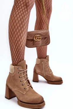 Damskie Boto Botki Zamszowe Sznurowane Na Słupku Beżowe Lemar Flomes