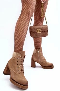 Damskie Boto Botki Zamszowe Sznurowane Na Słupku Beżowe Lemar Flomes