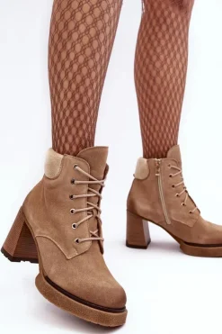 Damskie Boto Botki Zamszowe Sznurowane Na Słupku Beżowe Lemar Flomes