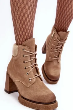 Damskie Boto Botki Zamszowe Sznurowane Na Słupku Beżowe Lemar Flomes