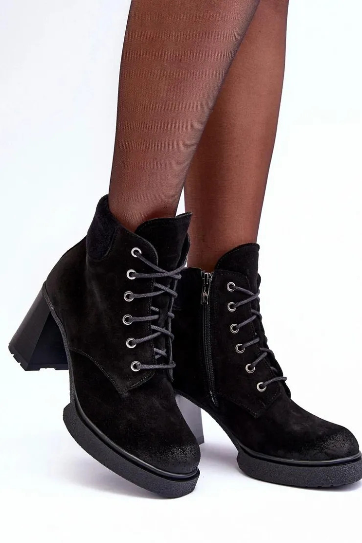 Boto Botki Ocieplane|Botki Skórzane*Botki Zamszowe Sznurowane Na Słupku Czarne Lemar Flomes Czarny
