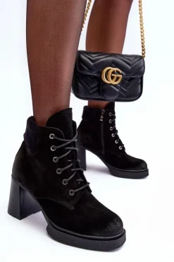 Boto Botki Ocieplane|Botki Skórzane*Botki Zamszowe Sznurowane Na Słupku Czarne Lemar Flomes Czarny