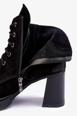 Boto Botki Ocieplane|Botki Skórzane*Botki Zamszowe Sznurowane Na Słupku Czarne Lemar Flomes Czarny