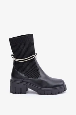 Damskie Boto Botki Ze Skarpetą I Błyszczącym Wiązaniem Czarne Dinarca