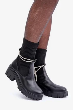 Damskie Boto Botki Ze Skarpetą I Błyszczącym Wiązaniem Czarne Dinarca