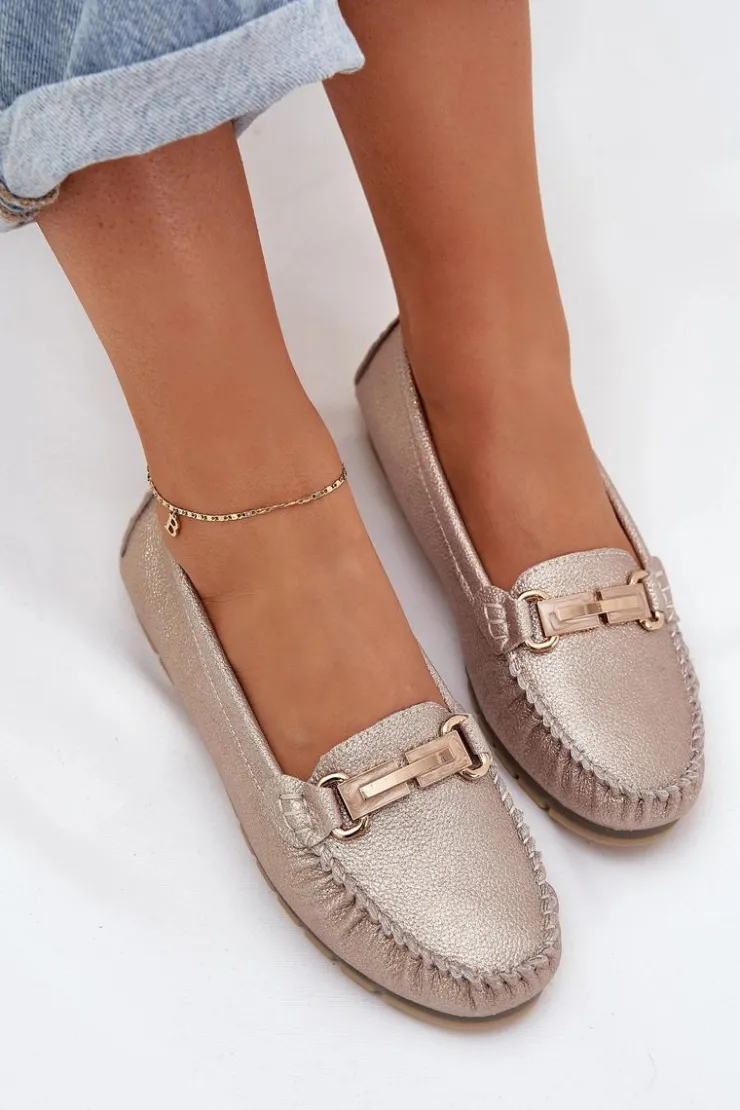 Damskie Damskie buty S.Barski Brokatowe Płaskie Mokasyny Ze Skóry Naturalnej D&A LR51-546 Złote