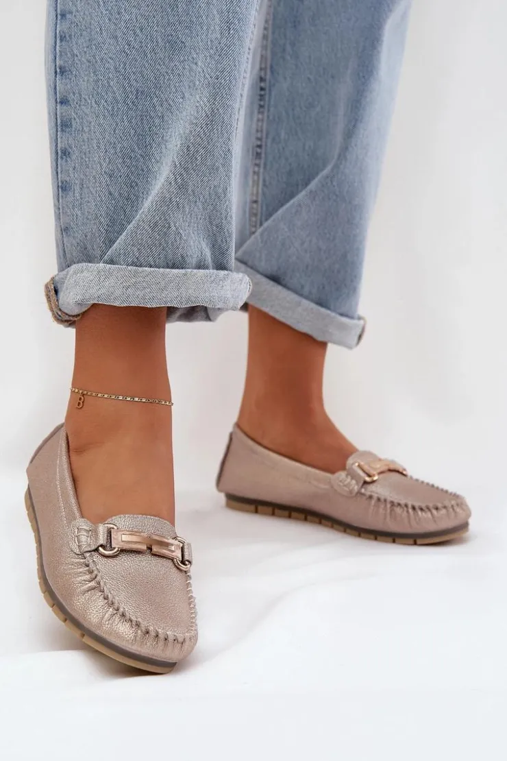 Damskie Damskie buty S.Barski Brokatowe Płaskie Mokasyny Ze Skóry Naturalnej D&A LR51-546 Złote