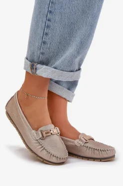 Damskie Damskie buty S.Barski Brokatowe Płaskie Mokasyny Ze Skóry Naturalnej D&A LR51-546 Złote