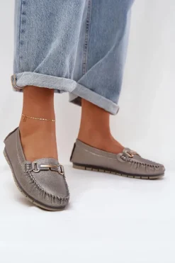 Damskie buty S.Barski Loafersy Damskie|Mokasyny Damskie Skórzane*Brokatowe Płaskie Mokasyny Ze Skóry Naturalnej D&A LR51-546 Srebrne Srebrny