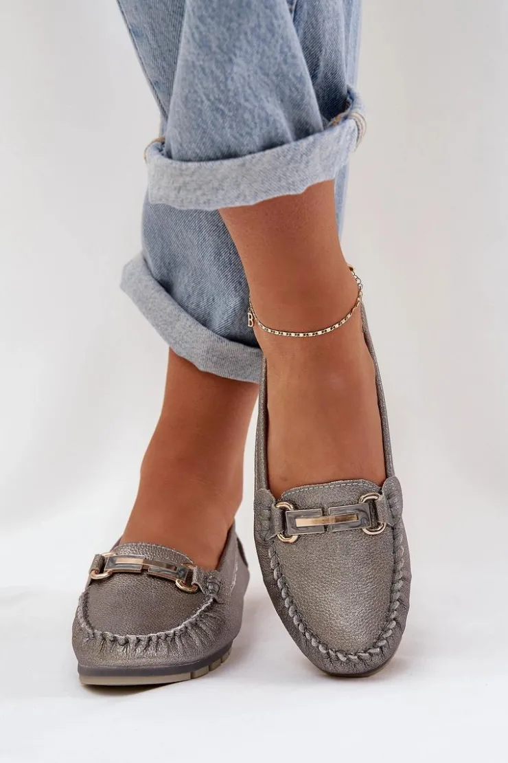 Damskie buty S.Barski Loafersy Damskie|Mokasyny Damskie Skórzane*Brokatowe Płaskie Mokasyny Ze Skóry Naturalnej D&A LR51-546 Srebrne Srebrny