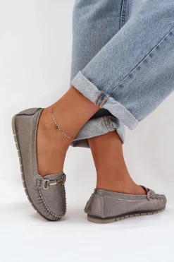 Damskie buty S.Barski Loafersy Damskie|Mokasyny Damskie Skórzane*Brokatowe Płaskie Mokasyny Ze Skóry Naturalnej D&A LR51-546 Srebrne Srebrny