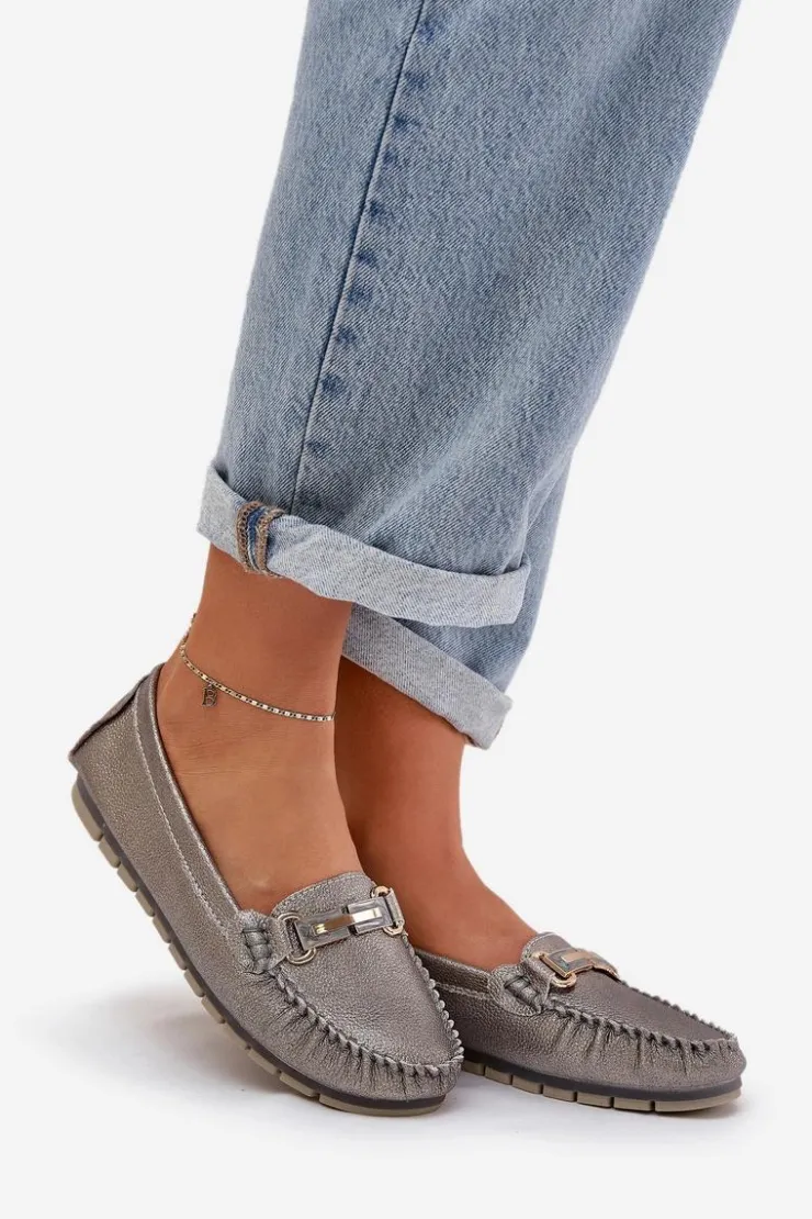 Damskie buty S.Barski Loafersy Damskie|Mokasyny Damskie Skórzane*Brokatowe Płaskie Mokasyny Ze Skóry Naturalnej D&A LR51-546 Srebrne Srebrny