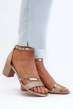 Buty damskie Vinceza Sandały Na Słupku|Sandały Na Obcasie*Brokatowe Sandały Damskie Na Niskim Słupku Złote Ploemis