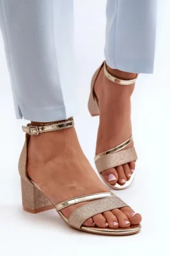 Buty damskie Vinceza Sandały Na Słupku|Sandały Na Obcasie*Brokatowe Sandały Damskie Na Niskim Słupku Złote Ploemis