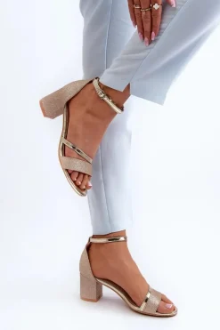 Buty damskie Vinceza Sandały Na Słupku|Sandały Na Obcasie*Brokatowe Sandały Damskie Na Niskim Słupku Złote Ploemis