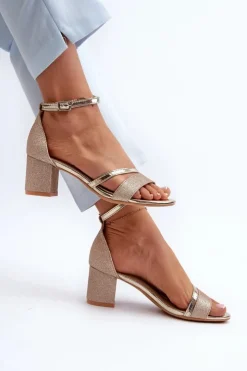 Buty damskie Vinceza Sandały Na Słupku|Sandały Na Obcasie*Brokatowe Sandały Damskie Na Niskim Słupku Złote Ploemis