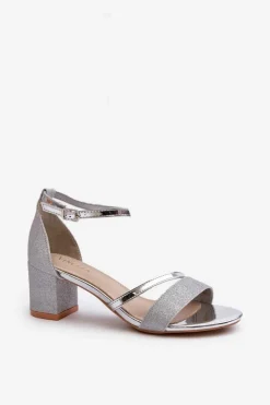 Buty damskie Vinceza Sandały Na Słupku|Sandały Na Obcasie*Brokatowe Sandały Damskie Na Niskim Słupku Srebrne Ploemis Srebrny