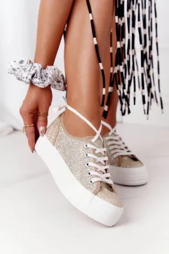 Hot Damskie buty S.Barski Brokatowe Tenisówki Na Platformie Złote Luna
