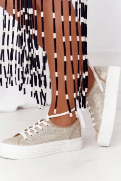Hot Damskie buty S.Barski Brokatowe Tenisówki Na Platformie Złote Luna