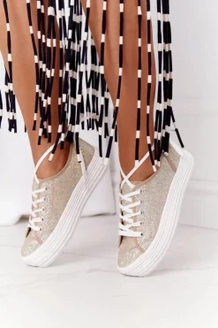 Hot Damskie buty S.Barski Brokatowe Tenisówki Na Platformie Złote Luna