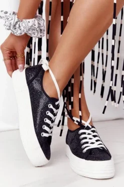 Damskie buty S.Barski Trampki Damskie Niskie*Brokatowe Tenisówki Na Platformie Czarne Luna