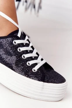 Damskie buty S.Barski Trampki Damskie Niskie*Brokatowe Tenisówki Na Platformie Czarne Luna