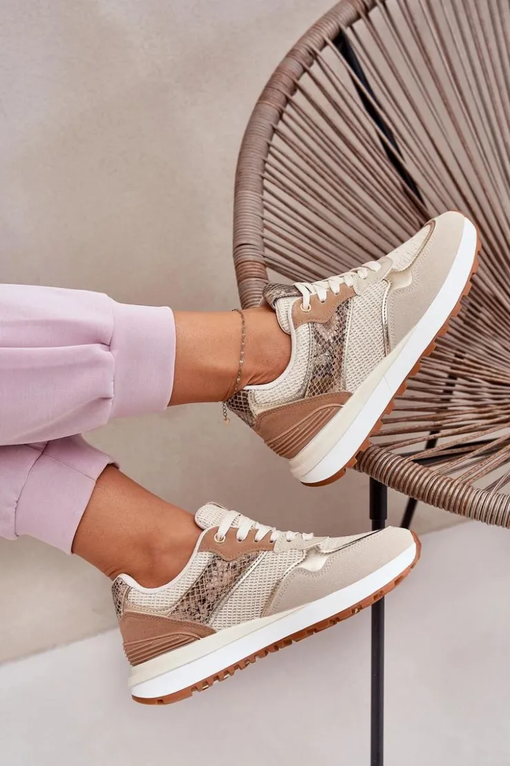 Boto Buty Sportowe Na Platformie|Sneakersy Damskie*Buty Sportowe Damskie Na Platformie Zwierzęcy Wzór Beżowe Davinara Beżowy