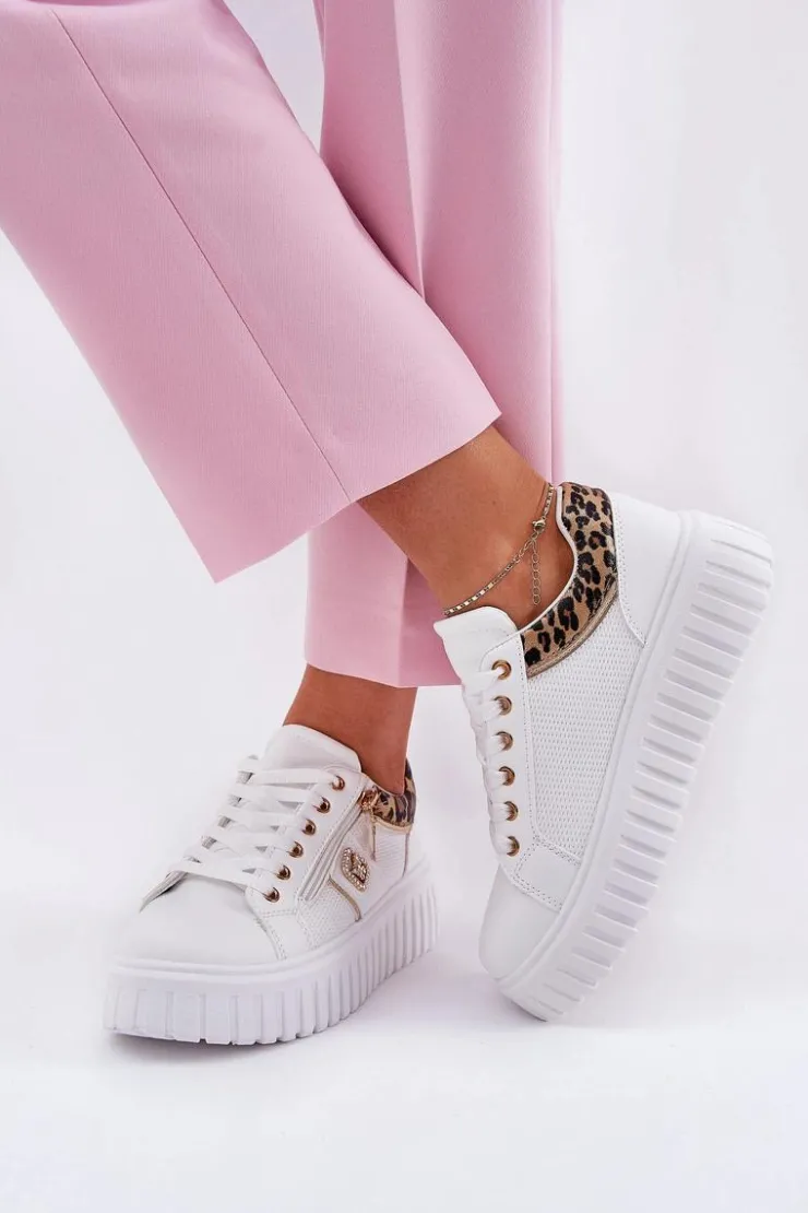 Boto Buty Sportowe Na Platformie|Sneakersy Damskie*Buty Sportowe Damskie Na Platformie Z Eko Skóry Panterka Białe Velionna Biały