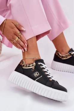 Damskie Boto Buty Sportowe Damskie Na Platformie Z Eko Skóry Panterka Czarne Velionna