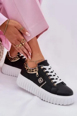 Damskie Boto Buty Sportowe Damskie Na Platformie Z Eko Skóry Panterka Czarne Velionna