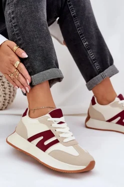 Damskie Boto Buty Sportowe Damskie Na Platformie Beżowo-Bordowe Emidi