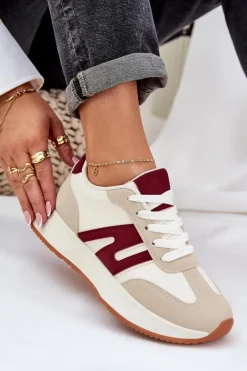 Damskie Boto Buty Sportowe Damskie Na Platformie Beżowo-Bordowe Emidi